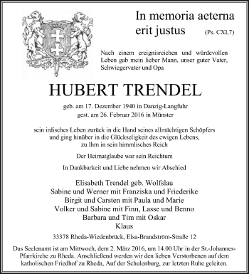 Traueranzeige von Hubert Trendel von Die Glocke