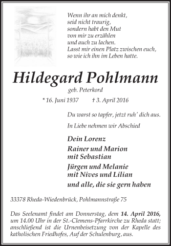 Traueranzeige von Hildegard Pohlmann von Die Glocke