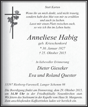 Traueranzeige von Anneliese Habig von Die Glocke