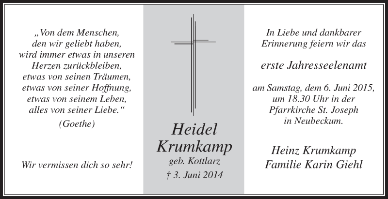  Traueranzeige für Heidel Krumkamp vom 30.05.2015 aus Die Glocke