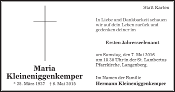 Traueranzeige von Maria Kleineniggenkemper von Die Glocke