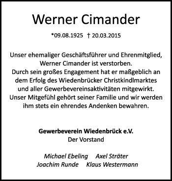 Traueranzeige von Werner Cimander von Die Glocke