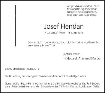 Traueranzeige von Josef Hendan von Die Glocke