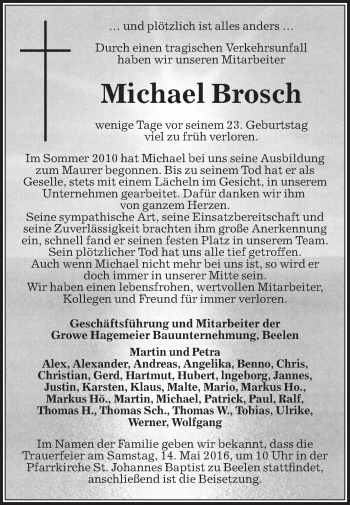 Traueranzeige von Michael Brosch von Die Glocke