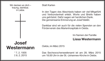 Traueranzeige von Josef Westermann von Die Glocke