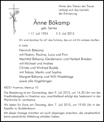 Traueranzeige von Änne Bökamp von Die Glocke