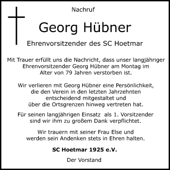 Traueranzeige von Georg Hübner von Die Glocke