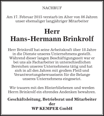 Traueranzeige von Hans-Hermann Brinkrolf von Die Glocke