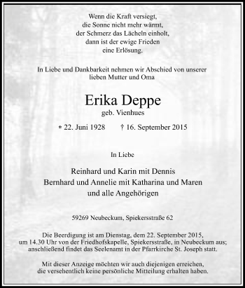 Traueranzeige von Erika Deppe von Die Glocke