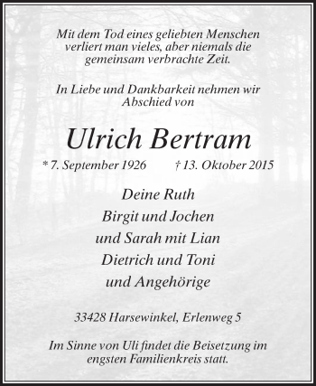 Traueranzeige von Ulrich Bertram von Die Glocke