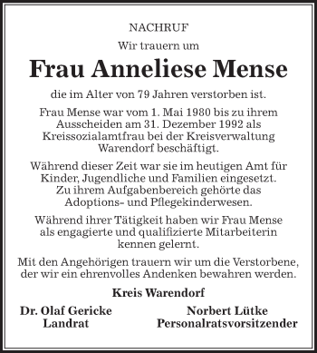 Traueranzeige von Anneliese Mense von Die Glocke