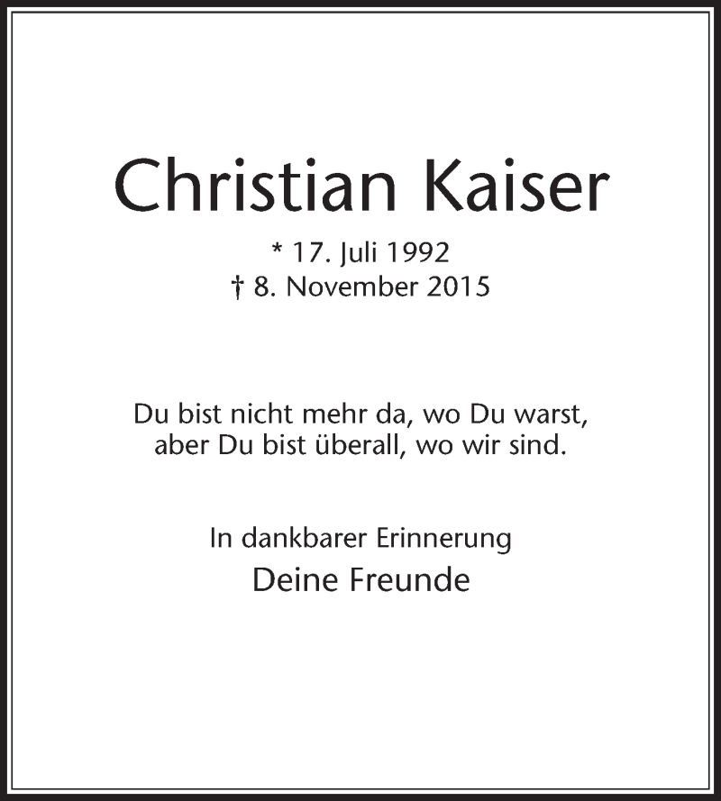  Traueranzeige für Christian Kaiser vom 14.11.2015 aus Die Glocke