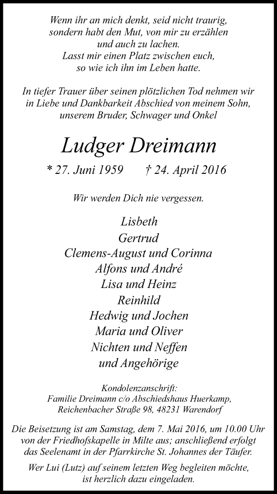  Traueranzeige für Ludger Dreimann vom 03.05.2016 aus Die Glocke