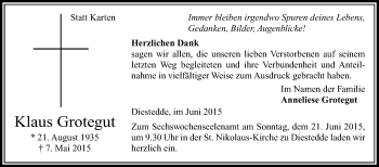 Traueranzeige von Klaus Grotegut von Die Glocke