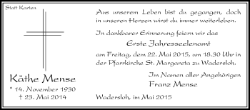 Traueranzeige von Käthe Mense von Die Glocke