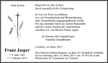 Traueranzeige von Franz Jasper von Die Glocke