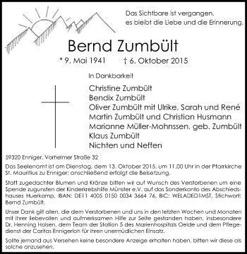 Traueranzeige von Bernd Zumbült von Die Glocke