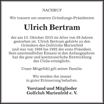 Traueranzeige von Ulrich Bertram von Die Glocke