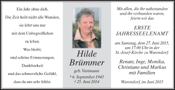 Traueranzeige von Hilde Brümmer von Die Glocke