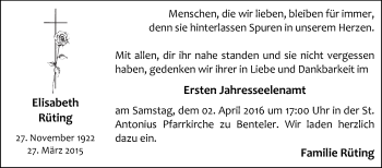 Traueranzeige von Elisabeth Rüting von Die Glocke