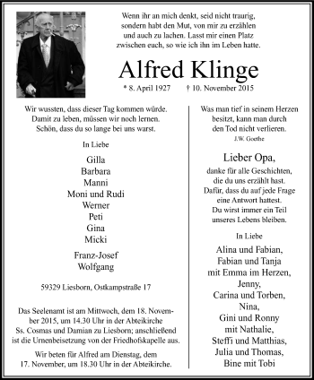 Traueranzeige von Alfred Klinge von Die Glocke