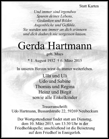 Traueranzeige von Gerda Hartmann von Die Glocke