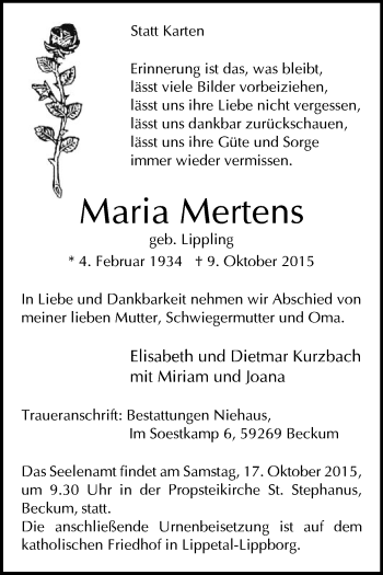 Traueranzeige von Maria Mertens von Die Glocke