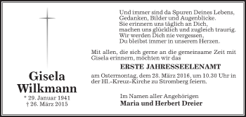 Traueranzeige von Gisela Wilkmann von Die Glocke