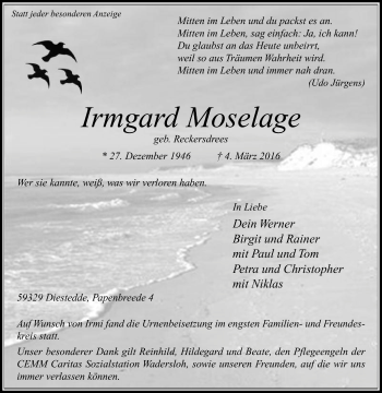 Traueranzeige von Irmgard Moselage von Die Glocke