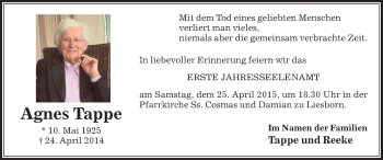 Traueranzeige von Agnes Tappe von Die Glocke