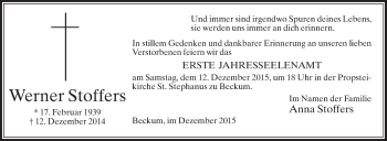 Traueranzeige von Werner Stoffers von Die Glocke
