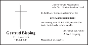Traueranzeige von Gertrud Bisping von Die Glocke