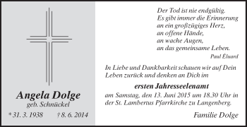 Traueranzeige von Angela Dolge von Die Glocke