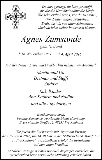 Traueranzeige von Agnes Zumsande von Die Glocke