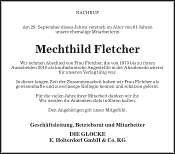 Traueranzeige von Mechthild Fletcher von Die Glocke