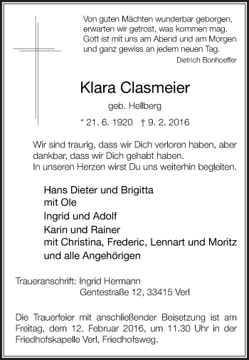 Traueranzeige von Klara Clasmeier von Die Glocke