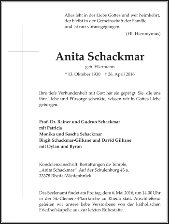 Traueranzeige von Anita Schackmar von Die Glocke