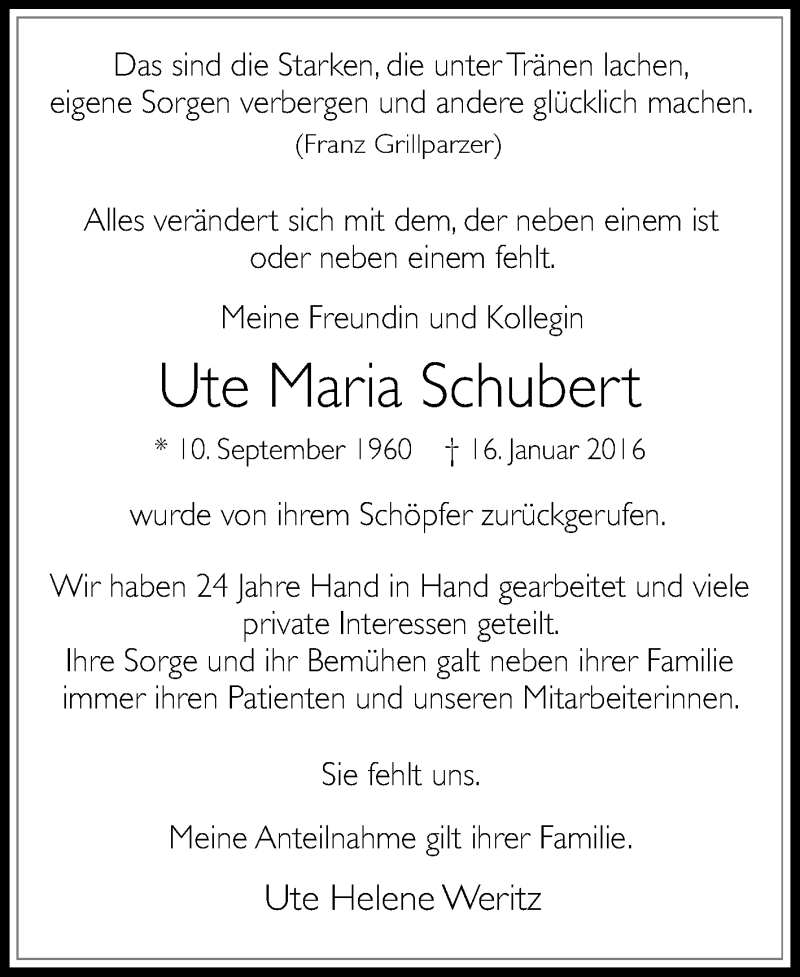  Traueranzeige für Ute Maria Schubert vom 19.01.2016 aus Glocke Trauer