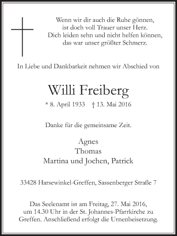 Traueranzeige von Willi Freiberg von Die Glocke