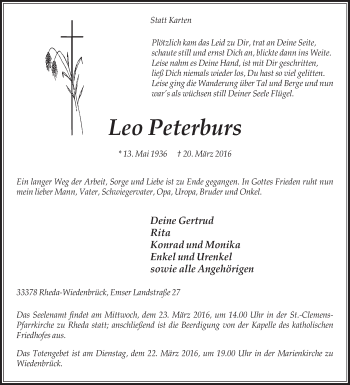 Traueranzeige von Leo Peterburs von Die Glocke