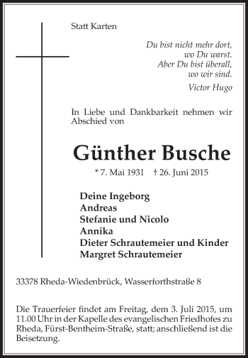 Traueranzeige von Günther Busche von Die Glocke
