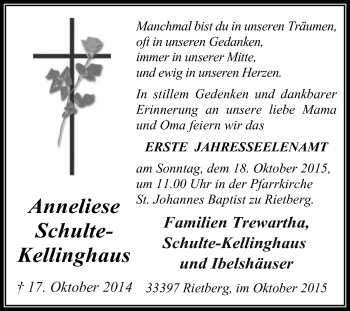 Traueranzeige von Anneliese Schulte-Kellinghaus von Die Glocke