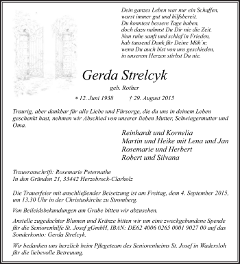 Traueranzeige von Gerda Strelcyk von Die Glocke