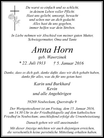 Traueranzeige von Anna Horn von Die Glocke