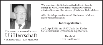 Traueranzeige von Uli Herrschaft von Die Glocke