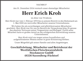 Traueranzeige von Erich Kroh von Die Glocke