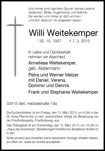 Traueranzeige von Willi Weitekemper von Die Glocke
