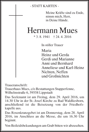 Traueranzeige von Hermann Mues von Die Glocke