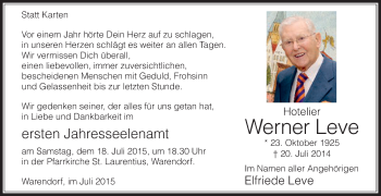 Traueranzeige von Werner Leve von Die Glocke