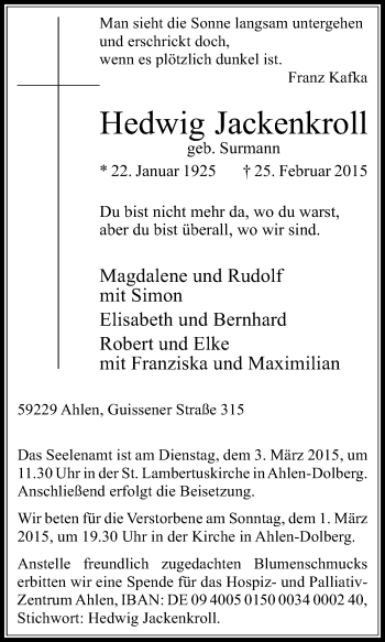 Traueranzeige von Hedwig Jackenkroll von Die Glocke